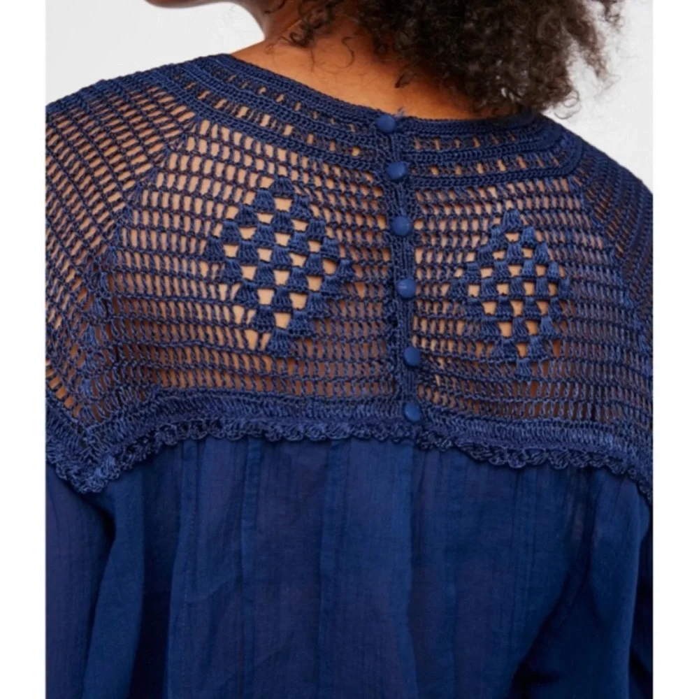 Free People M Navy Blue Gauze‎ Crochet Lace Bib Early Frost Top Blouse Boho